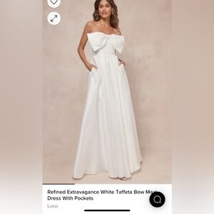 Lulus White Taffeta Bow Maxi Dress With Pockets- size large-never worn